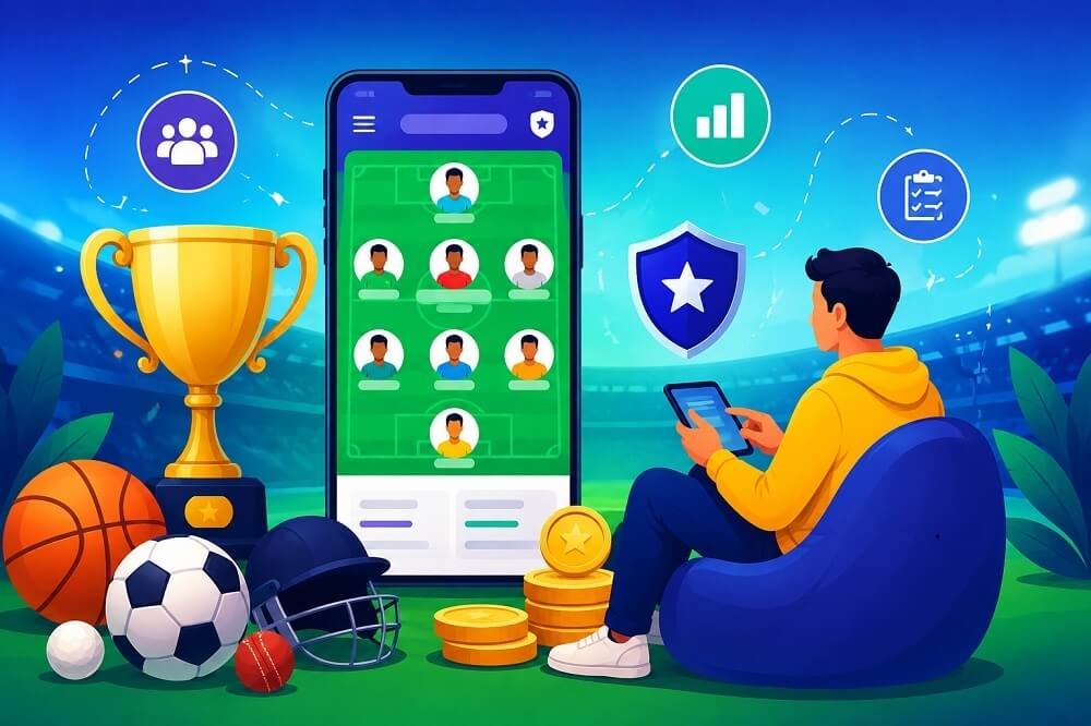 Beginner's guide to fantasy sports showing a digital fantasy team dashboard with player statistics and match analytics.