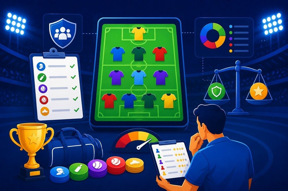 Balanced fantasy sports team-building dashboard showing player roles, participation, recent form, virtual credit management, lineup positions, and player comparison tools.
