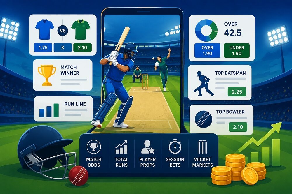 Cricket betting markets dashboard displaying match winner, top batter, total runs, live betting markets, and cricket odds analysis.